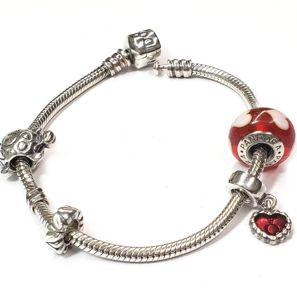 Pandora Snake Chain Bracelet w/ 3 Charms in Silver - Picture 3 of 4